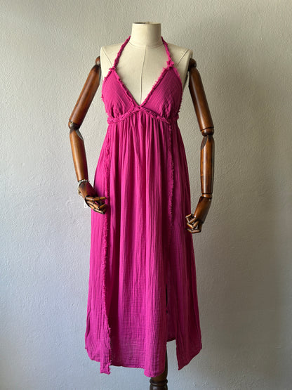 Sırt Açık Bohem Elbise - Fuşya