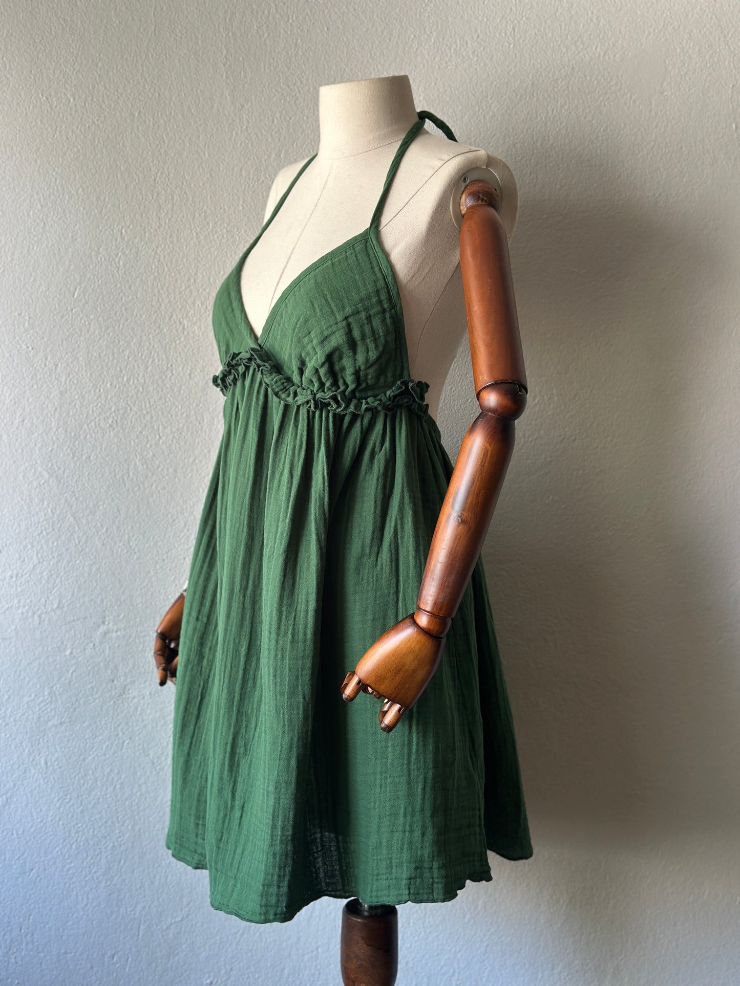Sırt açık muslin kumaş elbise - koyu yeşil