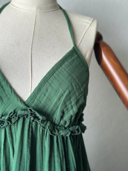 Sırt açık muslin kumaş elbise - koyu yeşil