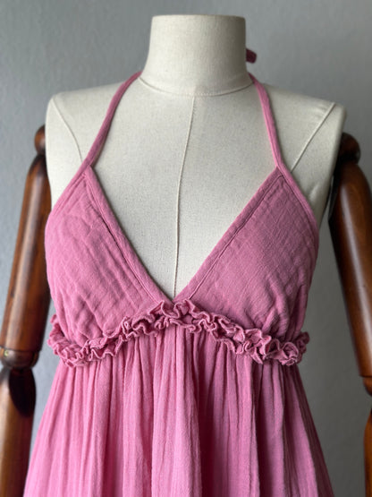 Sırt Açık Muslin Kumaş Elbise - Pembe