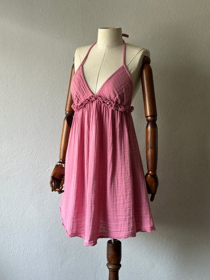 Sırt Açık Muslin Kumaş Elbise - Pembe