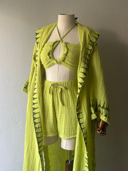 Özel Tasarım 3’lü Takım Kimono+büstiyer+şort - Fıstık yeşili