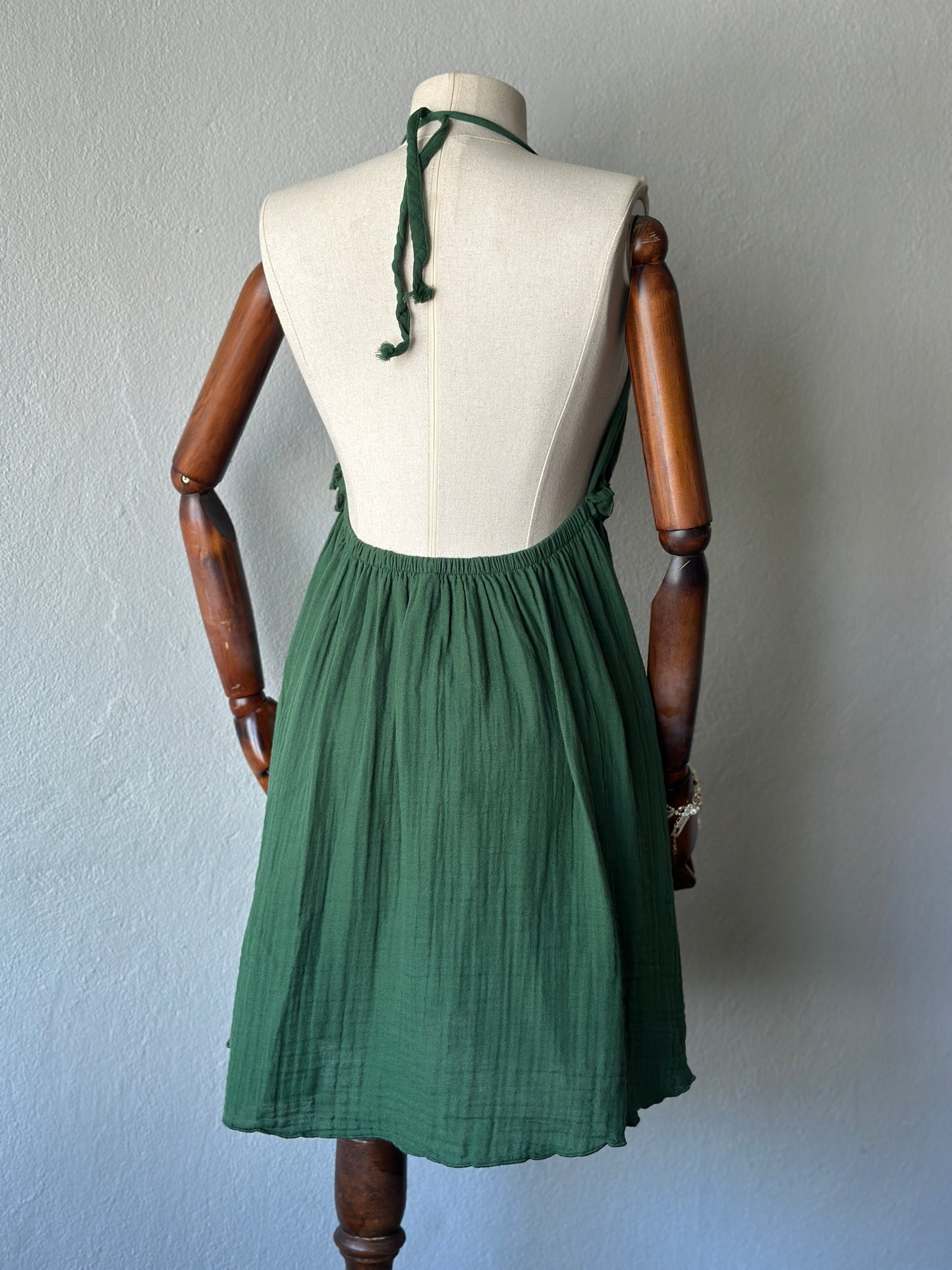 Sırt açık muslin kumaş elbise - koyu yeşil