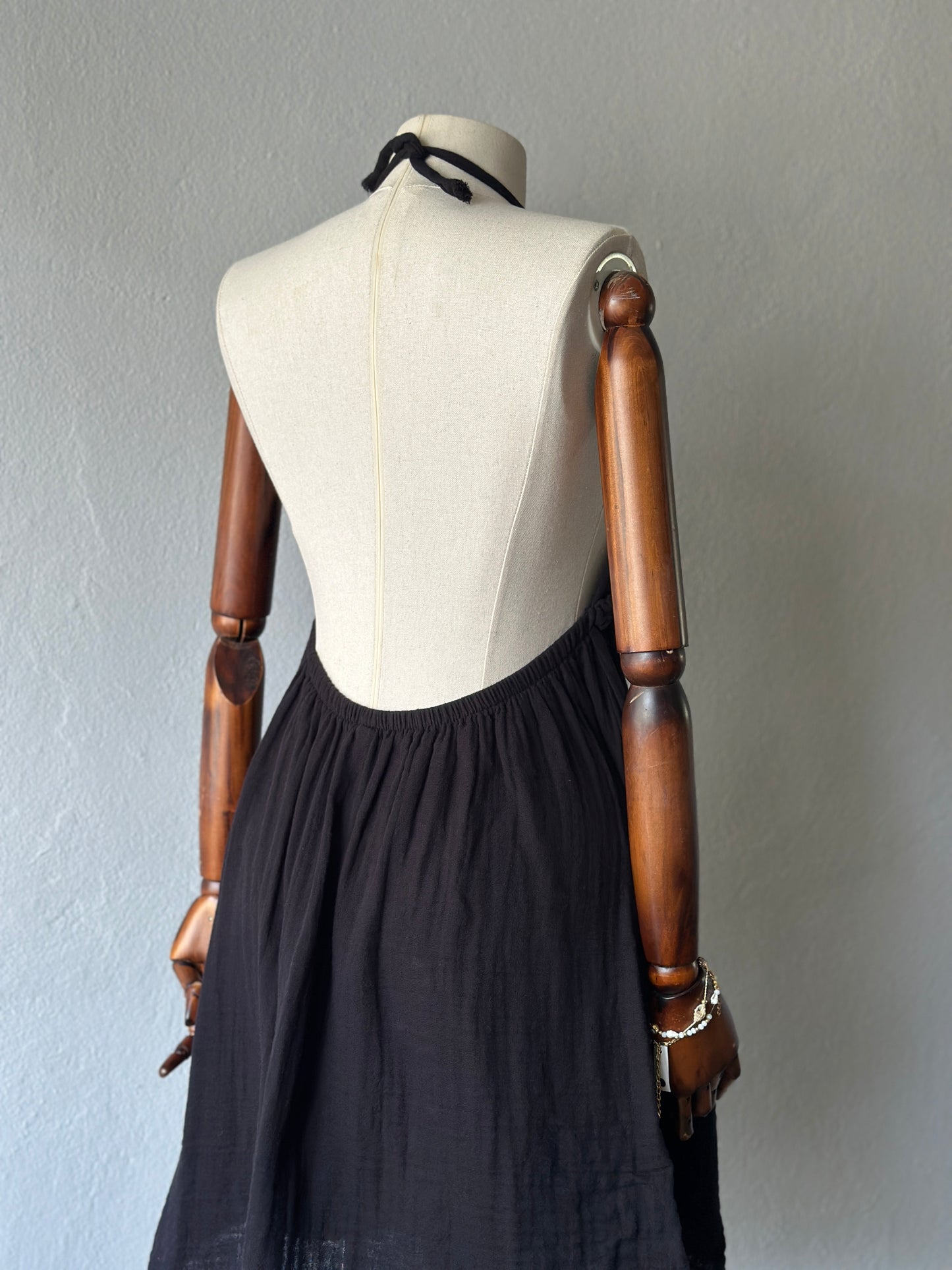 Sırt Açık Muslin Kumaş Elbise - Siyah