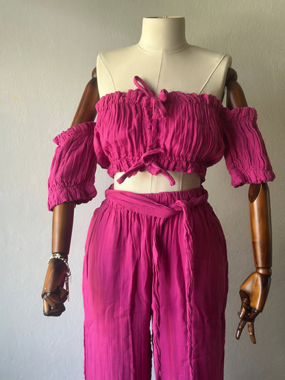 Özel Tasarım mini bluz+pantolon 2’li takım - Fuşya