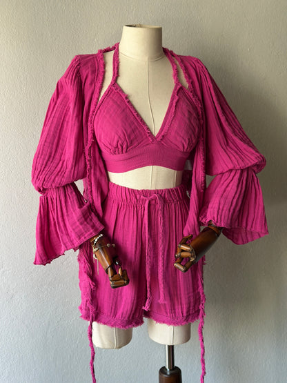 Luna şortlu özel tasarım 3’lü takım - fuşya