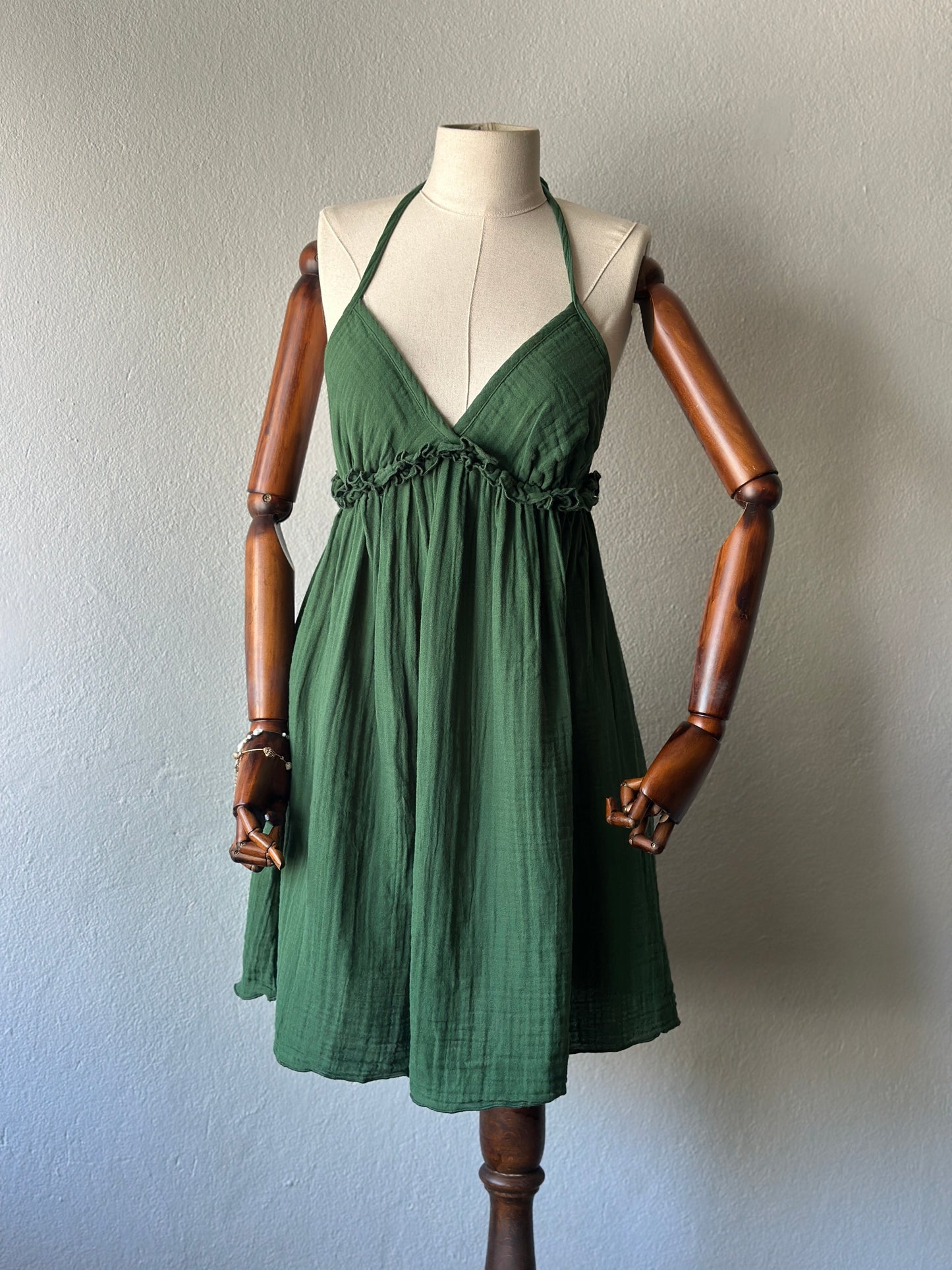 Sırt açık muslin kumaş elbise - koyu yeşil