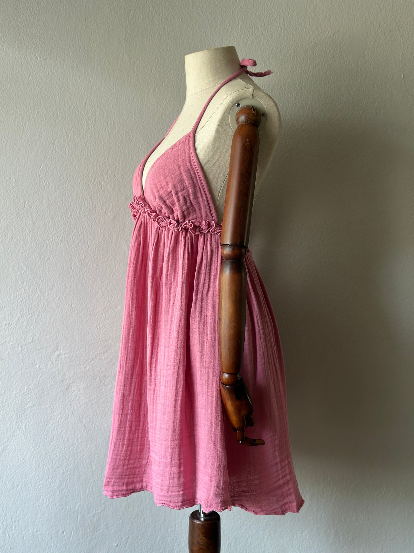 Sırt Açık Muslin Kumaş Elbise - Pembe