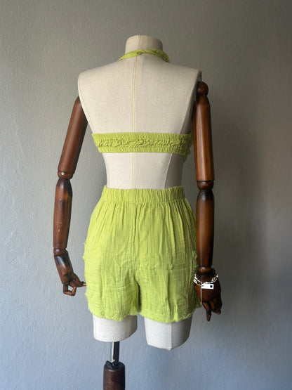 Özel Tasarım 3’lü Takım Kimono+büstiyer+şort - Fıstık yeşili