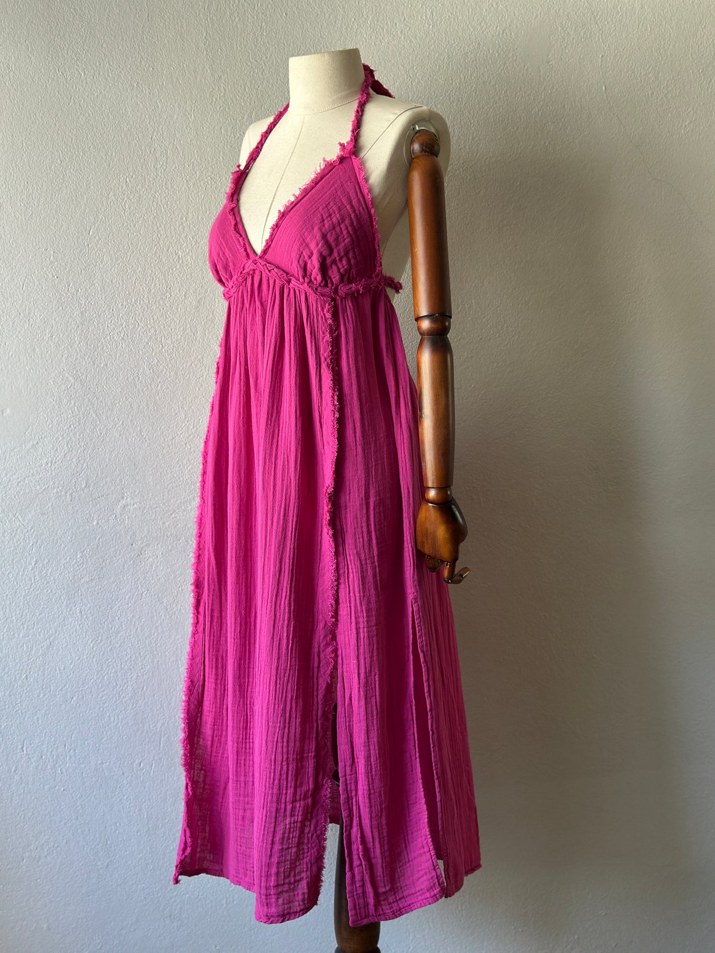 Sırt Açık Bohem Elbise - Fuşya