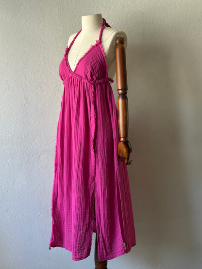 Sırt Açık Bohem Elbise - Fuşya