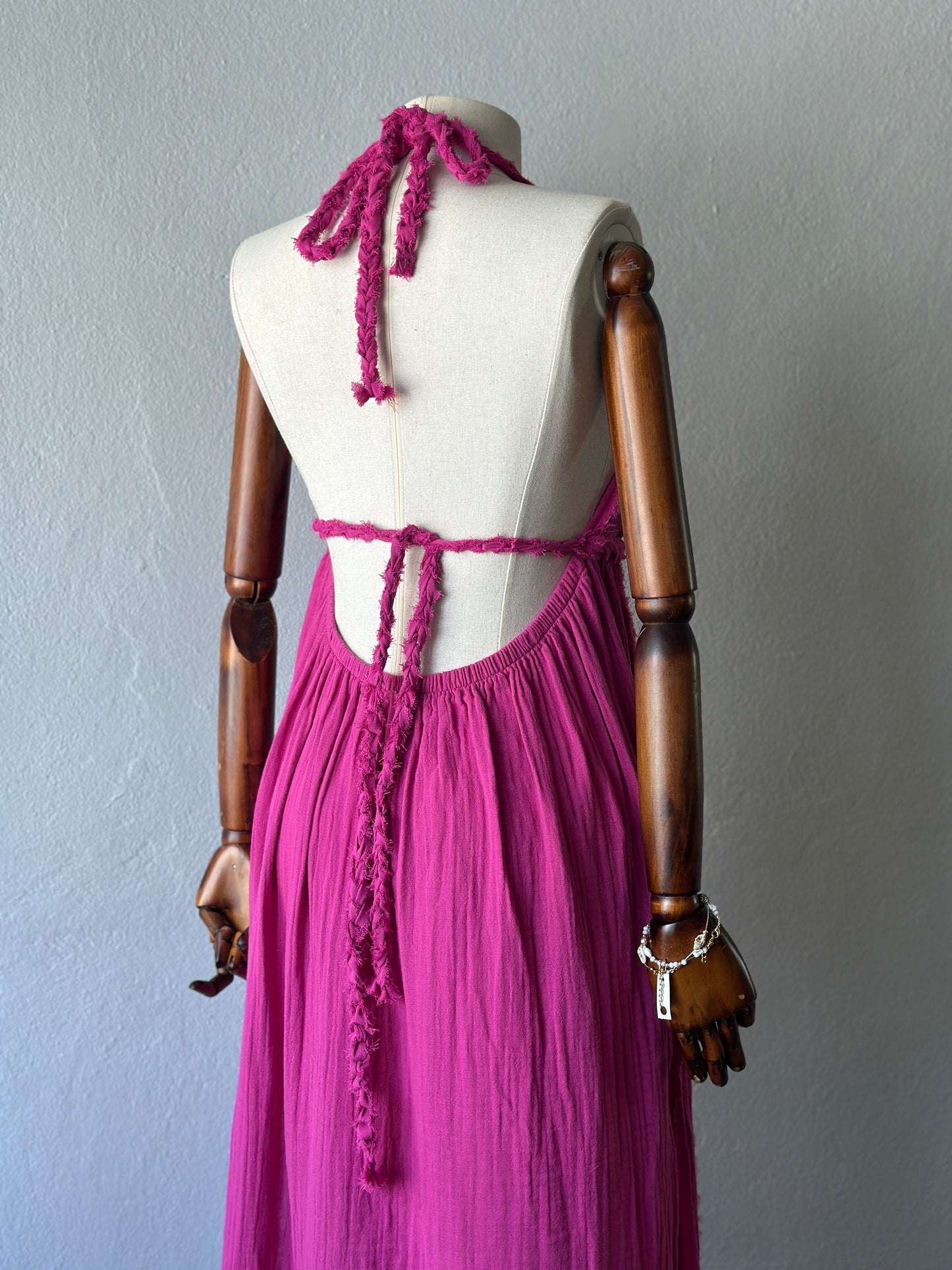 Sırt Açık Bohem Elbise - Fuşya