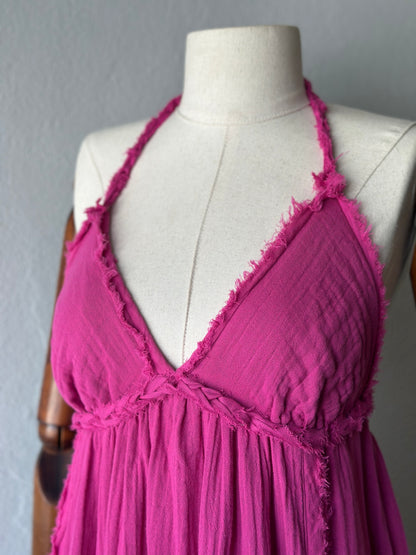 Sırt Açık Bohem Elbise - Fuşya