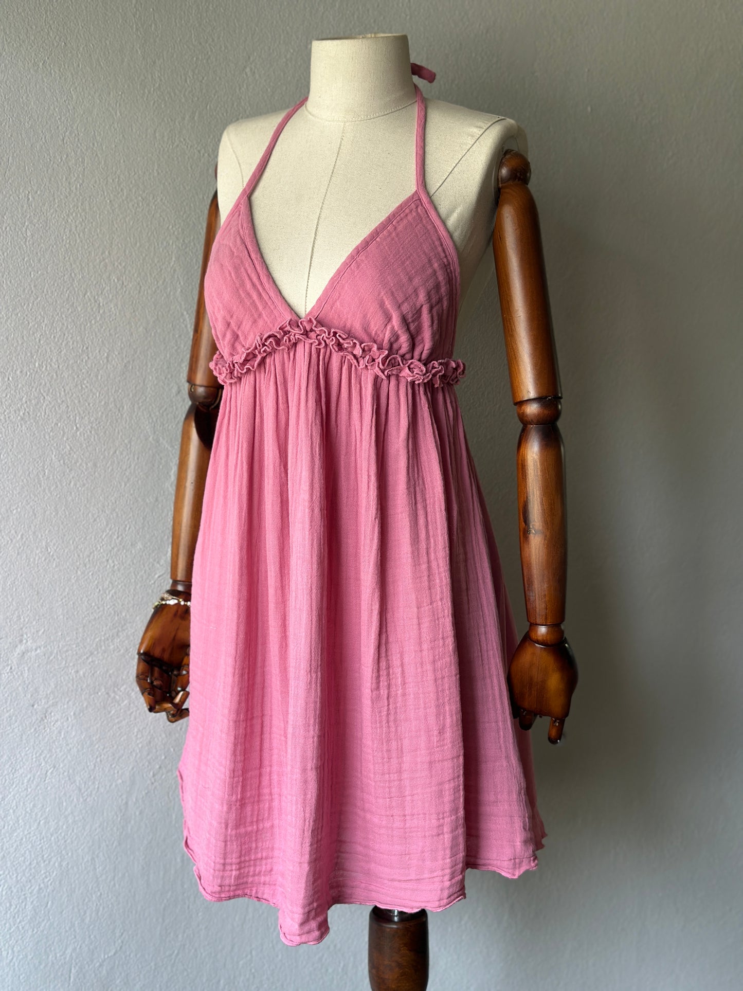 Sırt Açık Muslin Kumaş Elbise - Pembe