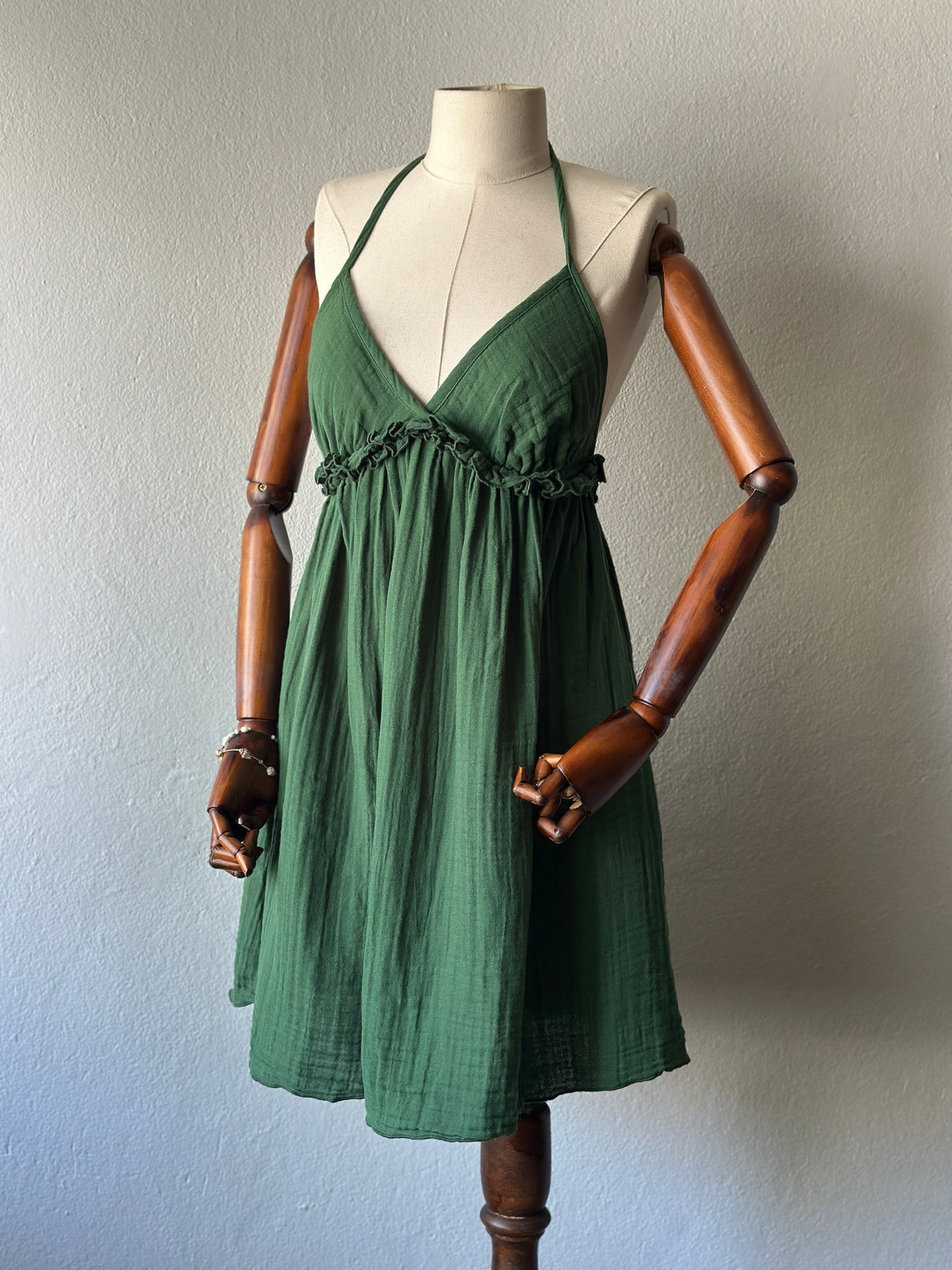 Sırt açık muslin kumaş elbise - koyu yeşil