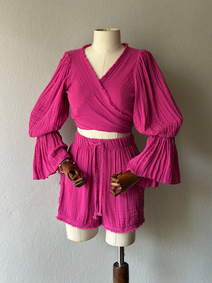 Luna şortlu özel tasarım 3’lü takım - fuşya