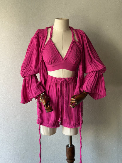 Luna şortlu özel tasarım 3’lü takım - fuşya