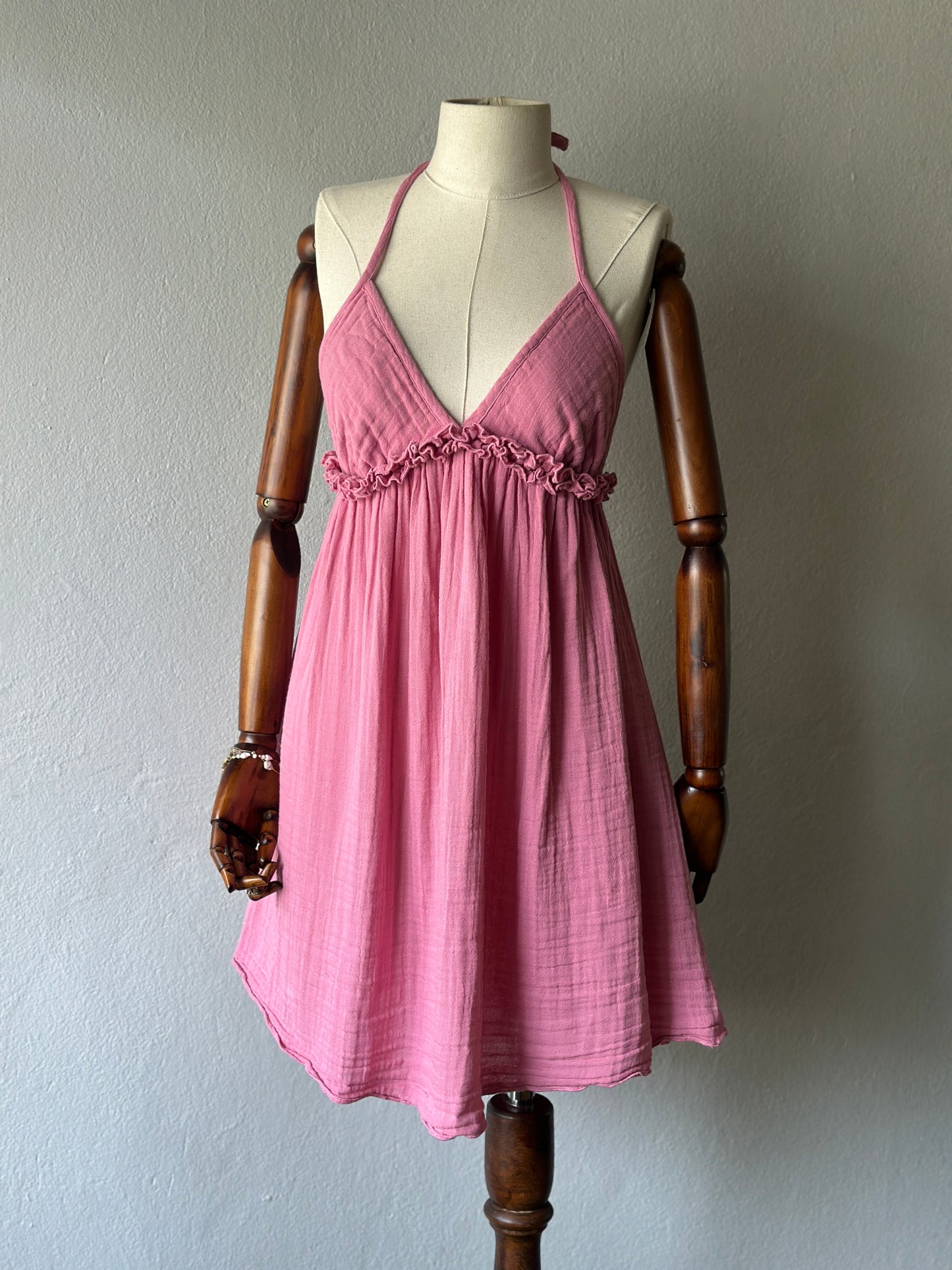 Sırt Açık Muslin Kumaş Elbise - Pembe