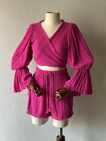 Luna şortlu özel tasarım 3’lü takım - fuşya