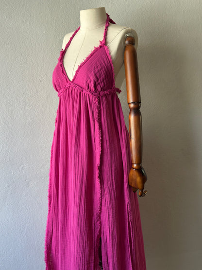 Sırt Açık Bohem Elbise - Fuşya