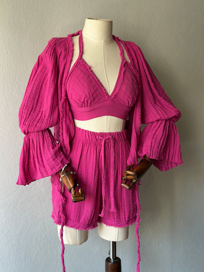 Luna şortlu özel tasarım 3’lü takım - fuşya