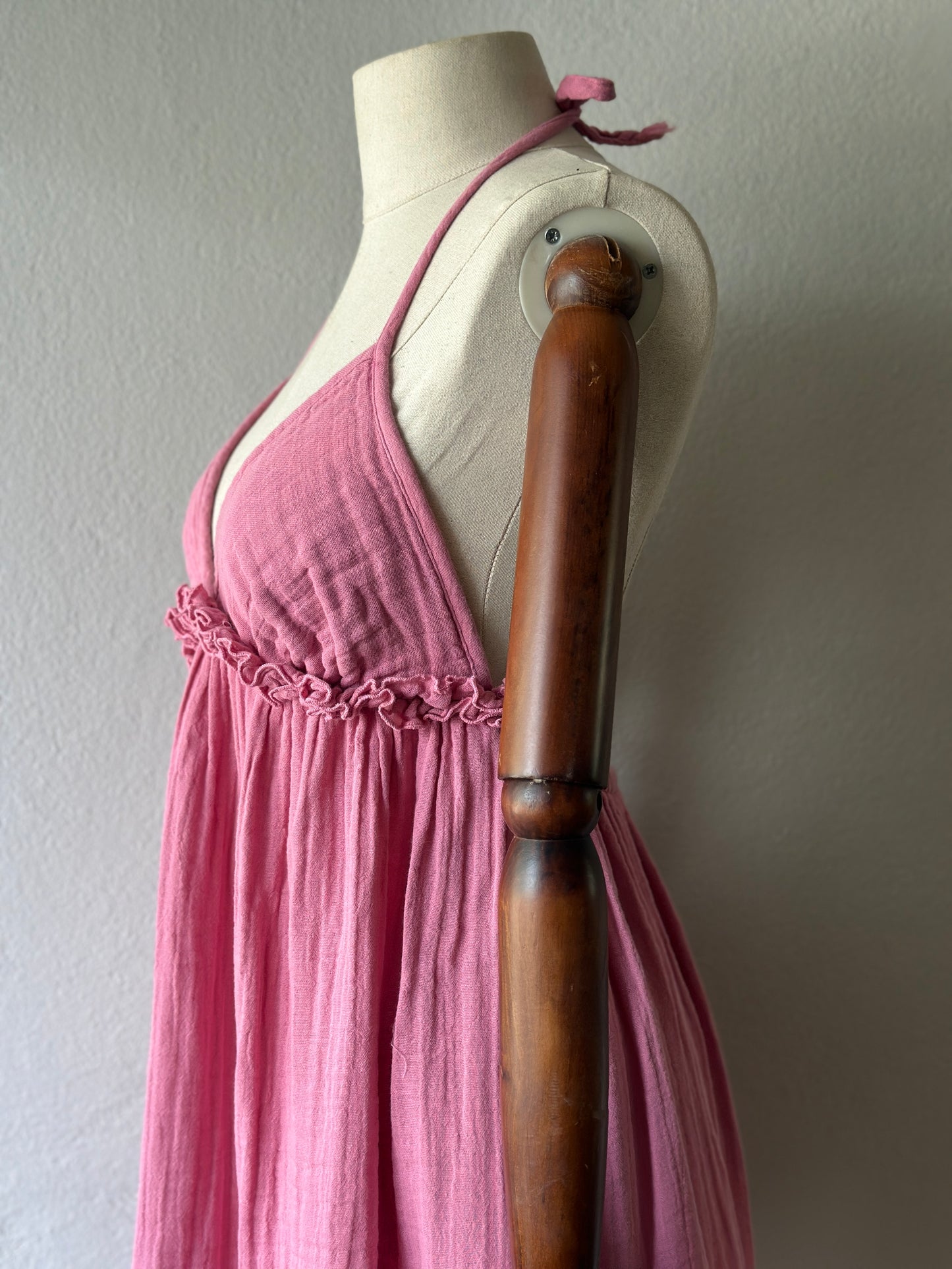 Sırt Açık Muslin Kumaş Elbise - Pembe