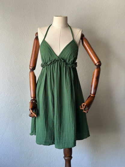 Sırt açık muslin kumaş elbise - koyu yeşil