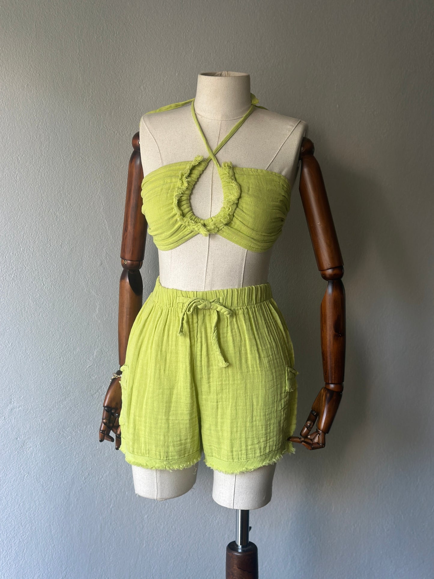 Özel Tasarım 3’lü Takım Kimono+büstiyer+şort - Fıstık yeşili