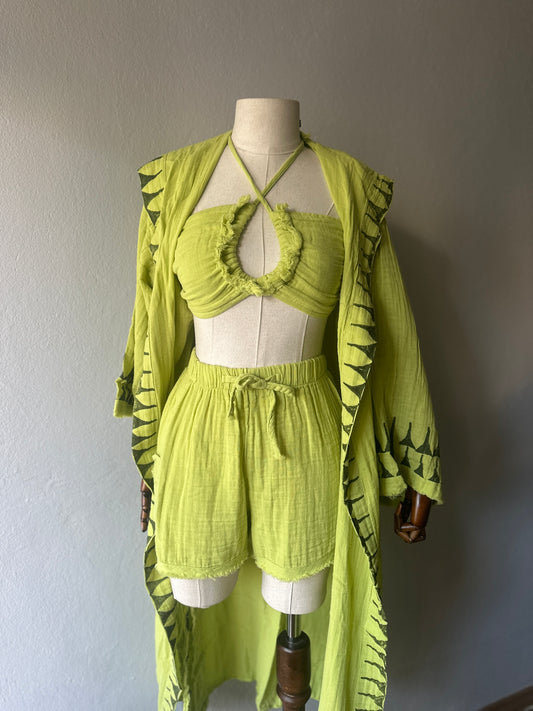 Özel Tasarım 3’lü Takım Kimono+büstiyer+şort - Fıstık yeşili