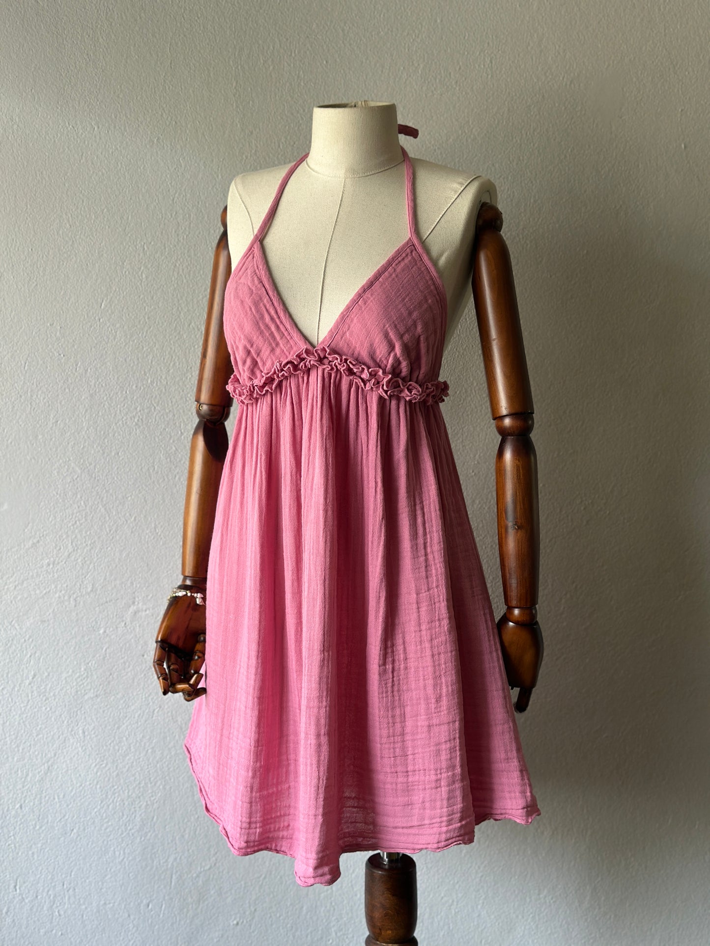 Sırt Açık Muslin Kumaş Elbise - Pembe