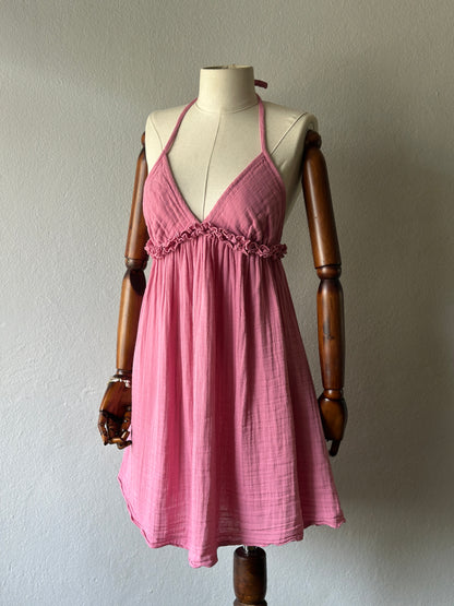 Sırt Açık Muslin Kumaş Elbise - Pembe