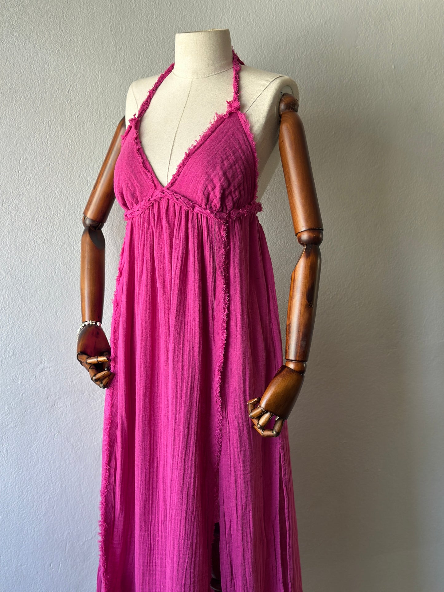 Sırt Açık Bohem Elbise - Fuşya