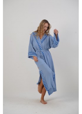 Açık Mavi Kapüşonlu Kimono Uzun Boy