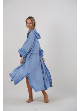 Açık Mavi Kapüşonlu Kimono Uzun Boy