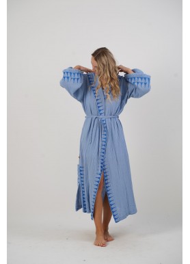 Açık Mavi Kapüşonlu Kimono Uzun Boy
