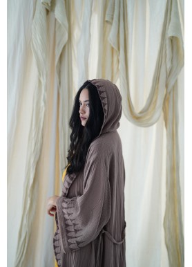 Kahve Rengi Kapüşonlu Kimono Uzun Boy