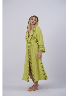 Fıstık Rengi Kapüşonlu Kimono Uzun Boy