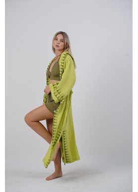 Fıstık Rengi Kapüşonlu Kimono Uzun Boy